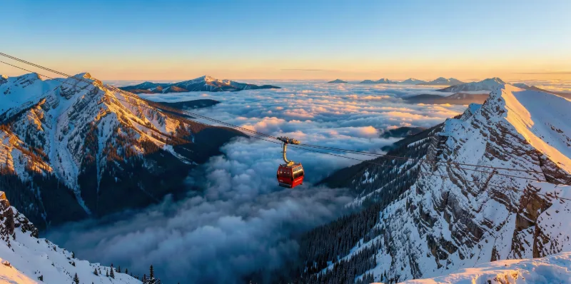 A wide cinematic photograph of a lone red cable car crossing between two snowy mountain ridges above a sea of 