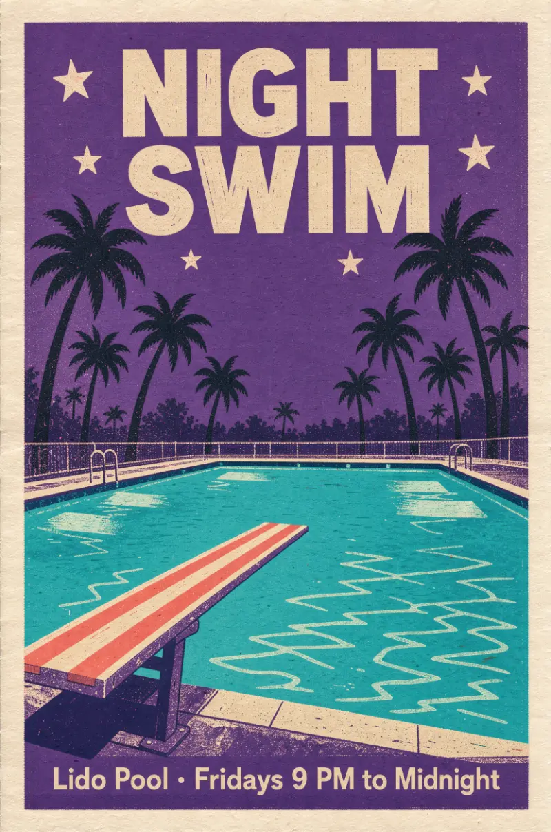 A screen-printed poster for a summer night swim at an outdoor public pool