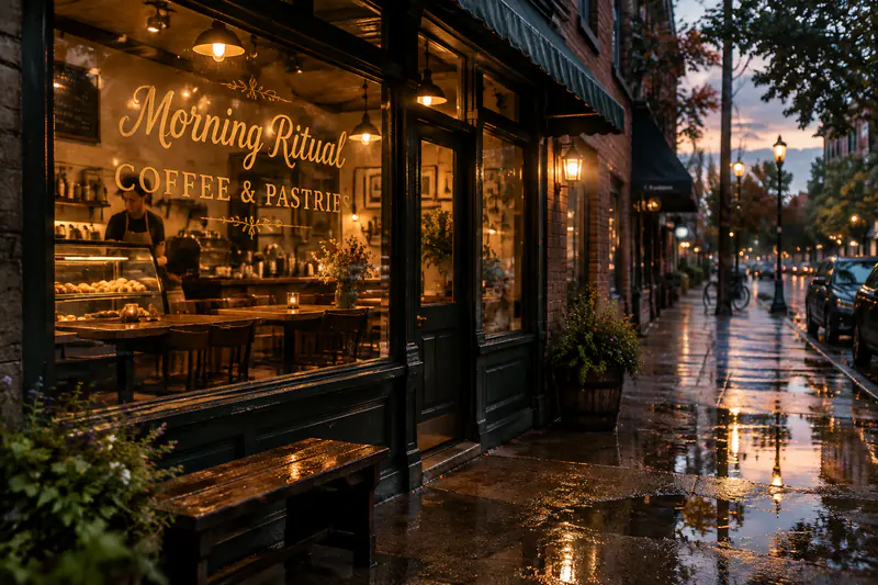 A small neighborhood coffee shop storefront at dusk after rain