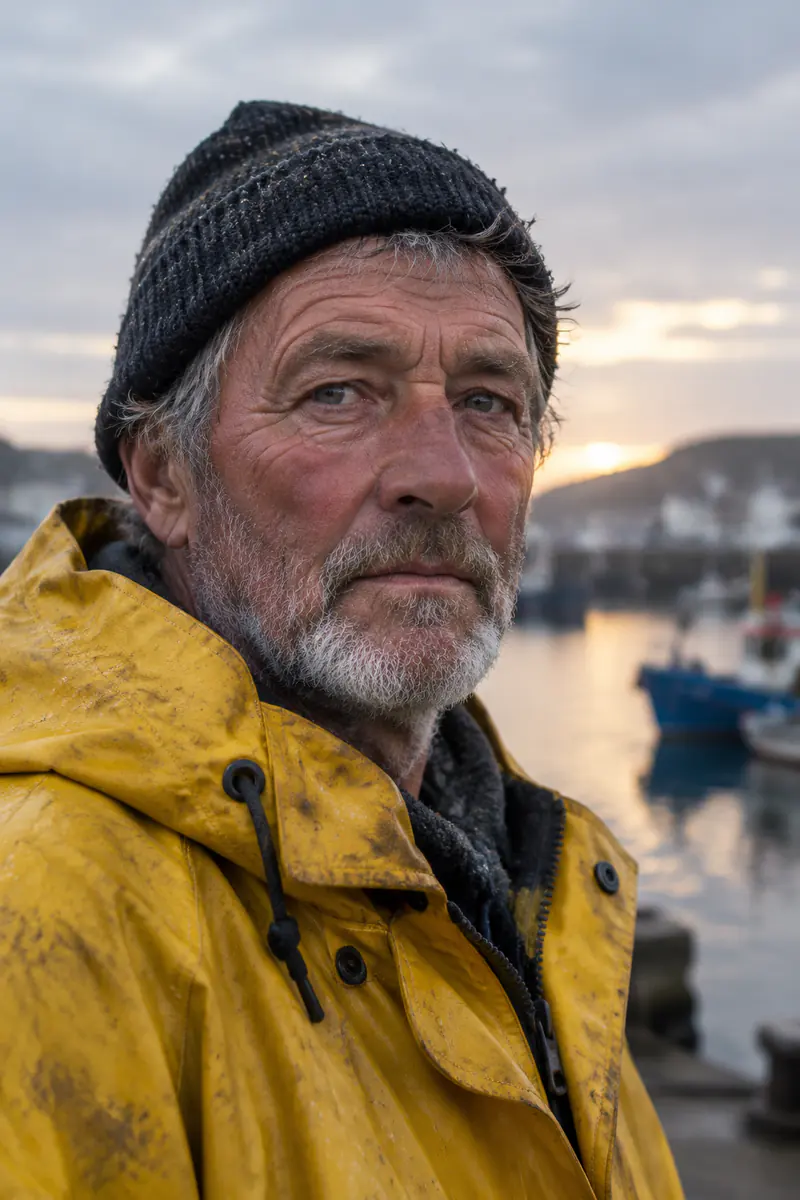 Close-up portrait of an elderly fisherman with weathered, sun-creased skin and a short grey beard