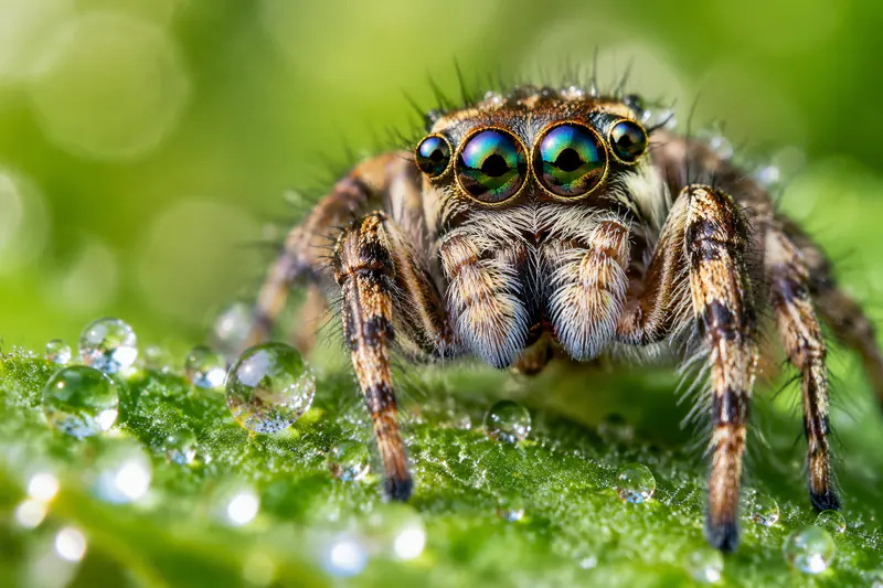 Extreme macro photograph of a tiny jumping spider on a green leaf covered in morning dew