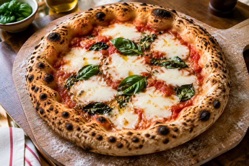 Overhead photograph of a Neapolitan pizza fresh from a wood-fired oven, leopard-spotted blistered crust