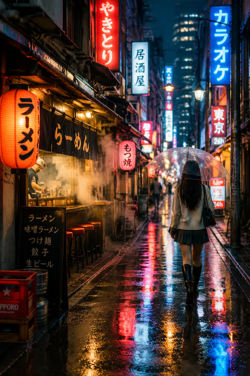 A narrow Tokyo alley at night in the rain, glowing neon signs in Japanese reflected in puddles
