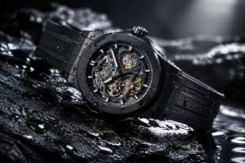 Luxury studio product photograph of a matte black mechanical wristwatch with a skeleton dial