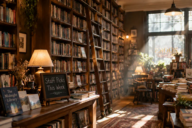 Interior of an old independent bookshop, tall wooden shelves packed with books, a rolling library ladder