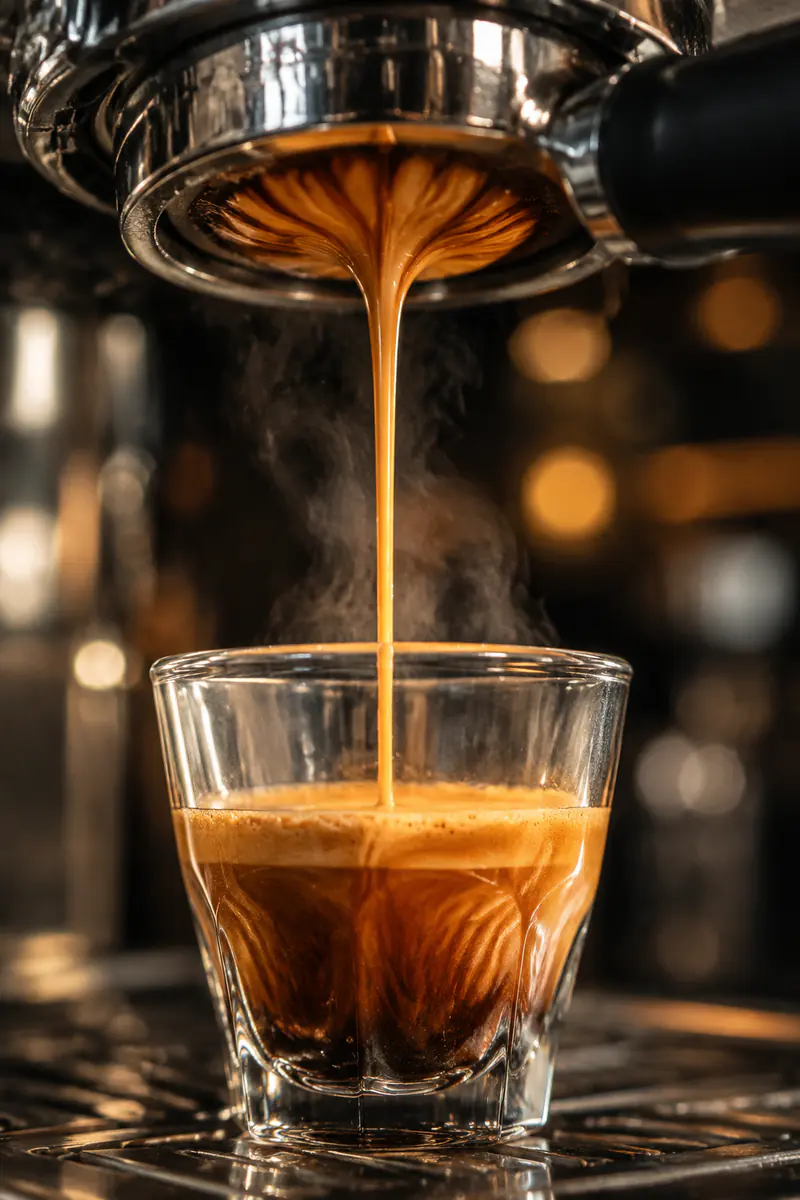 Close-up of espresso pouring from a bottomless portafilter into a glass cup, rich tiger-striped crema