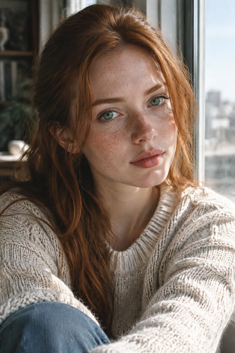 Portrait of a young woman with red hair and freckles sitting by a large window