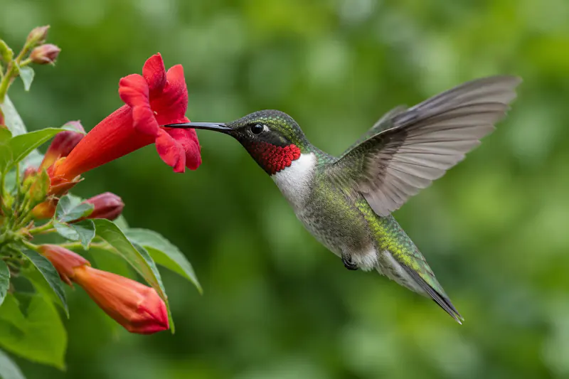 A ruby-throated hummingbird hovering beside a red trumpet flower, wings frozen mid-beat