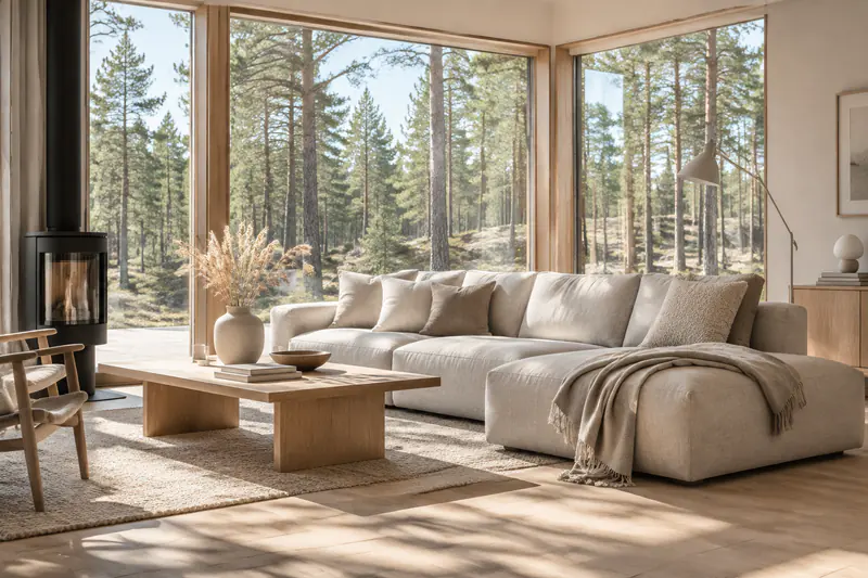 Sunlit Scandinavian living room, a linen sofa in oatmeal tones, a light oak floor