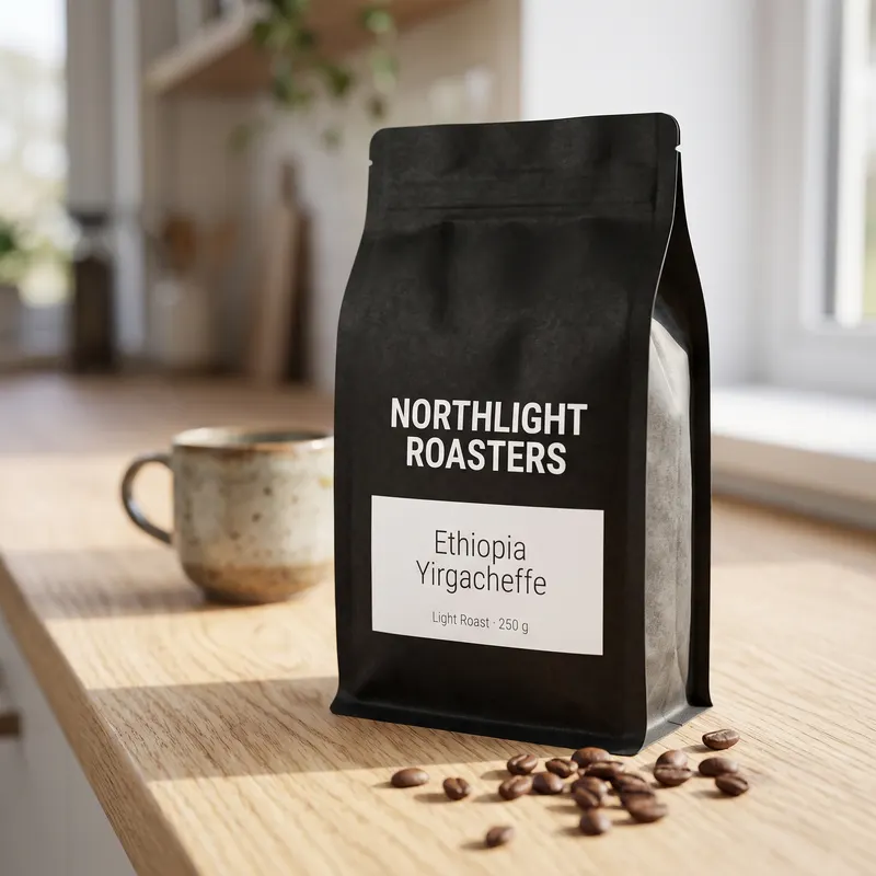 Product photo of a matte black kraft coffee bag standing on a light oak counter, morning window light