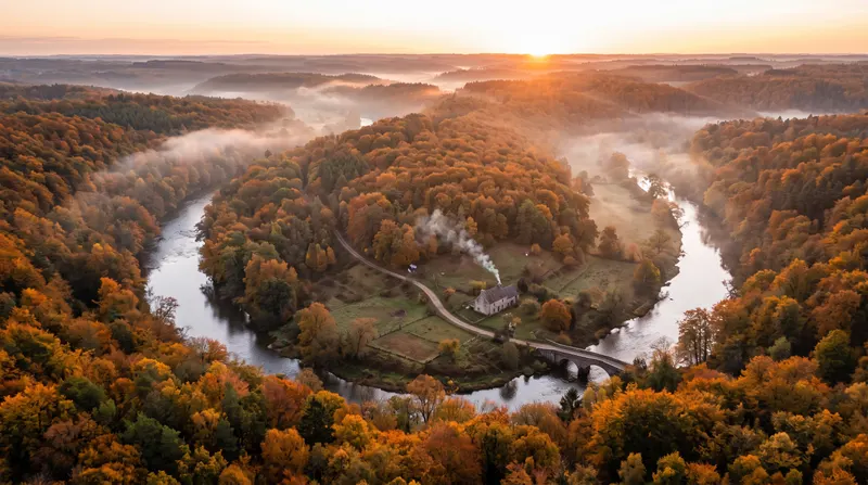 Aerial photograph of a winding river through a valley of autumn forest at sunrise, low mist in the hollows