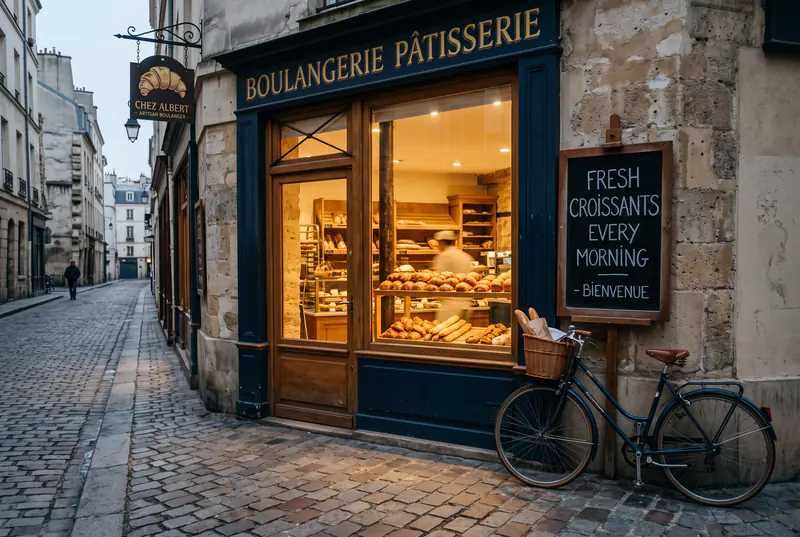 A small French bakery storefront on a cobblestone street in the early morning