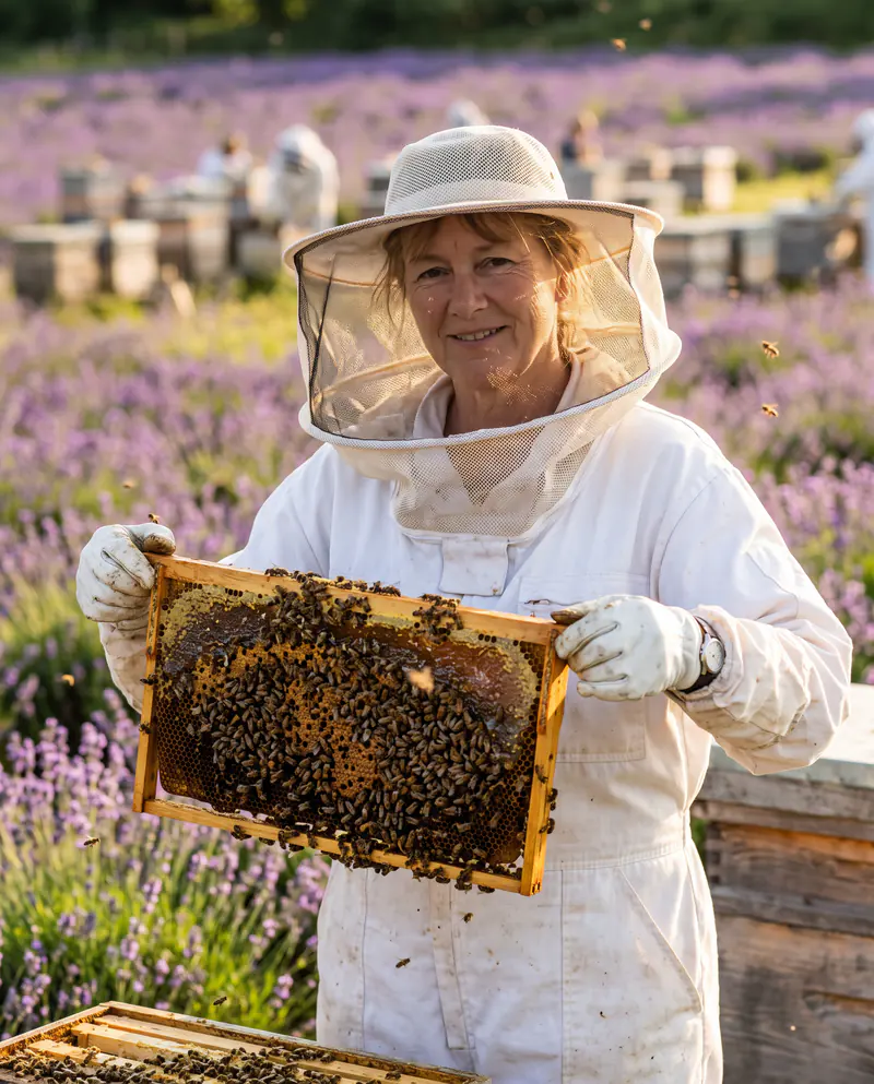 Portrait of a beekeeper in a white veiled hat lifting a honeycomb frame covered in bees