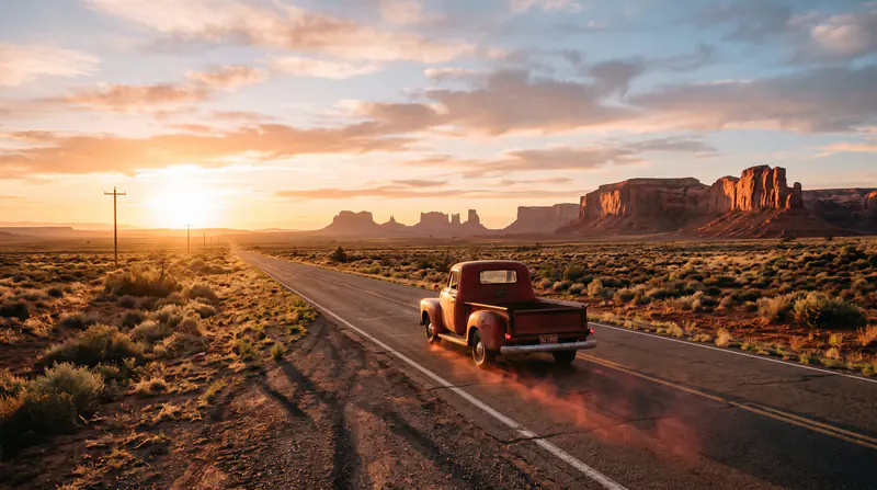 A lone red vintage pickup truck driving down a straight desert highway at golden hour, long shadows