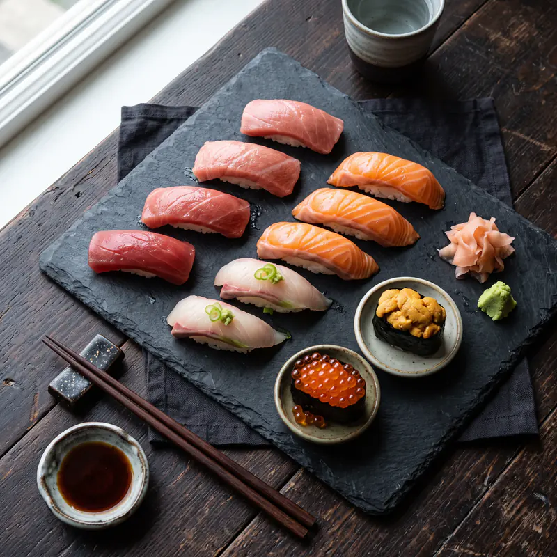 Overhead photograph of an omakase sushi platter on a dark slate board