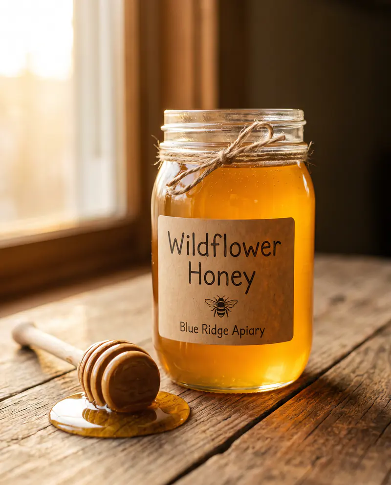 Product photograph of a glass jar of golden honey on a rustic wooden table