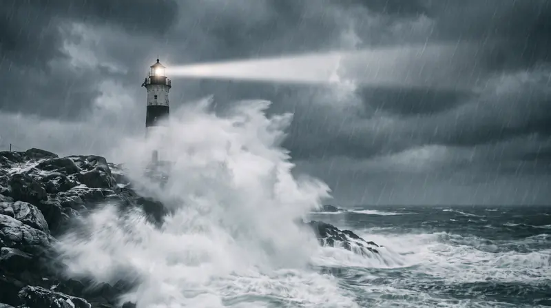 A lighthouse on a rocky cliff during a winter storm, huge waves crashing and exploding into white spray
