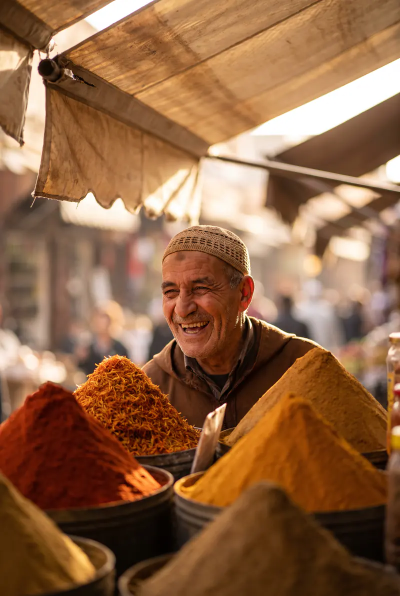 Portrait of a smiling spice vendor at a Marrakech market, deep laugh lines, a woven cap, pyramids of saffron