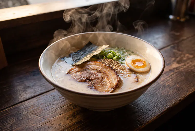Close-up of a steaming bowl of tonkotsu ramen on a dark wooden counter, glossy chashu pork slices