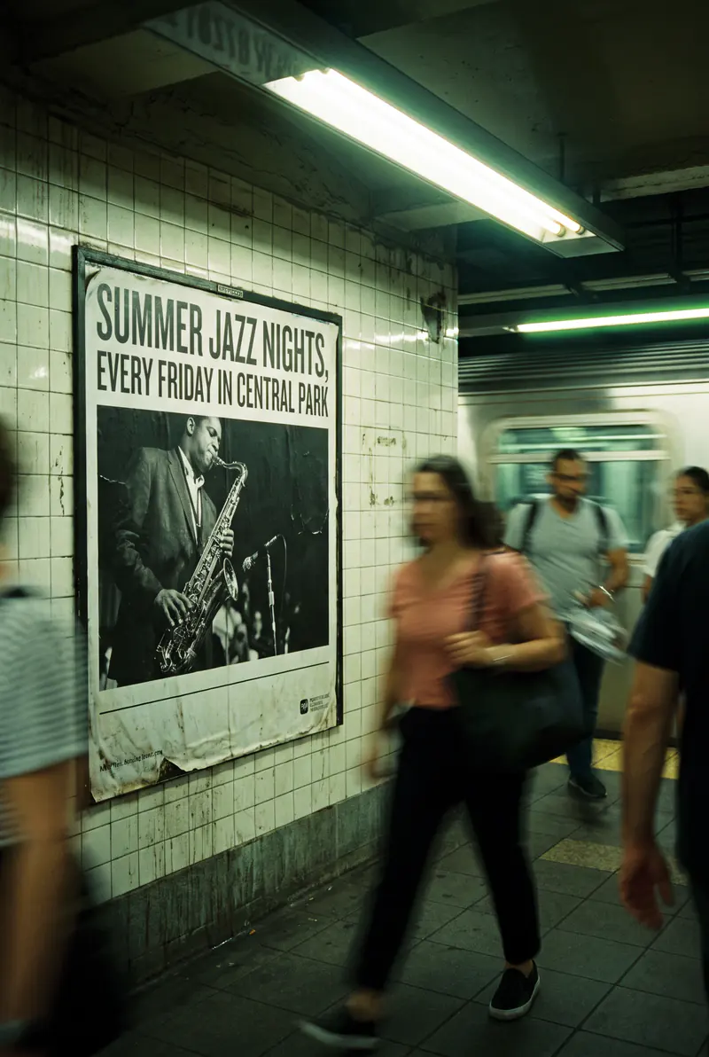 A New York subway platform, a large printed poster on the tiled wall reads "Summer Jazz Nights