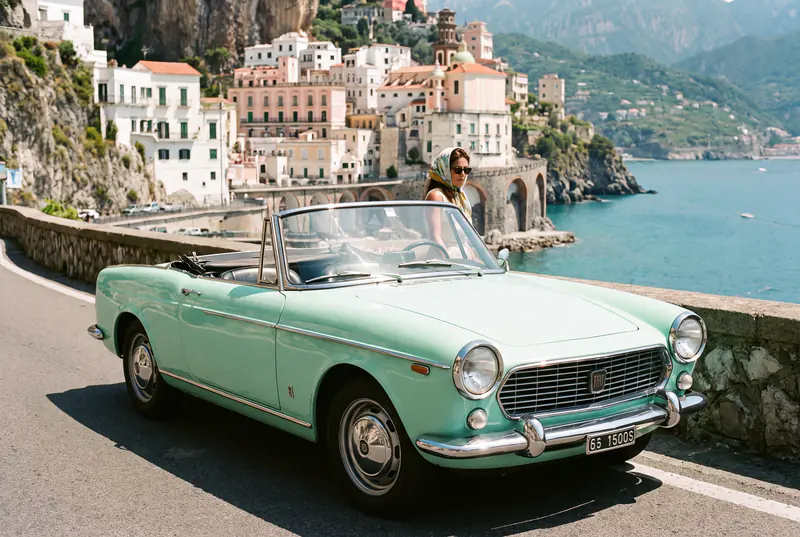 A mint green 1960s convertible parked on a coastal road in Amalfi, chrome details gleaming